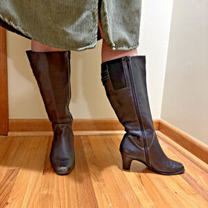 Black Leather Riding Boots Knee-High 6.5M Gold Buckle, Wide Shaft Size Zip Rodeo